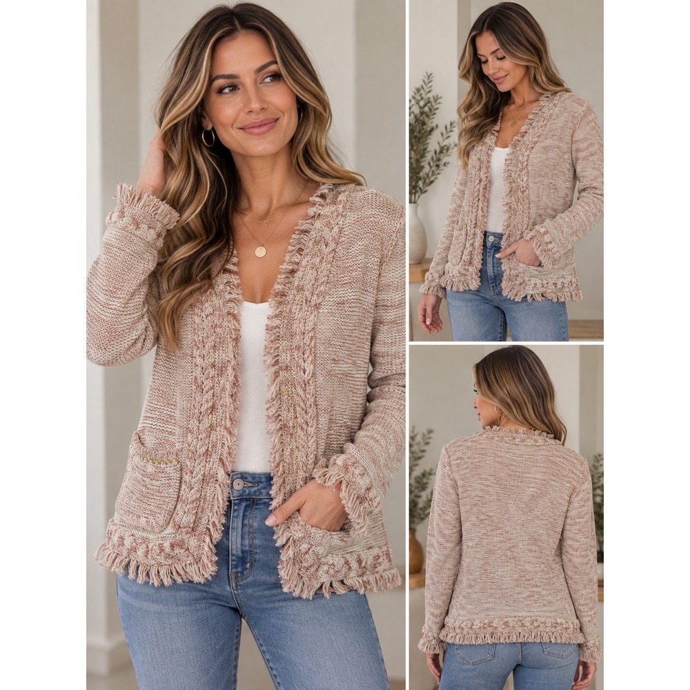 J.McLaughlin Marled Pink Fringe Trim Cotton Blend Cardigan Sweater Large